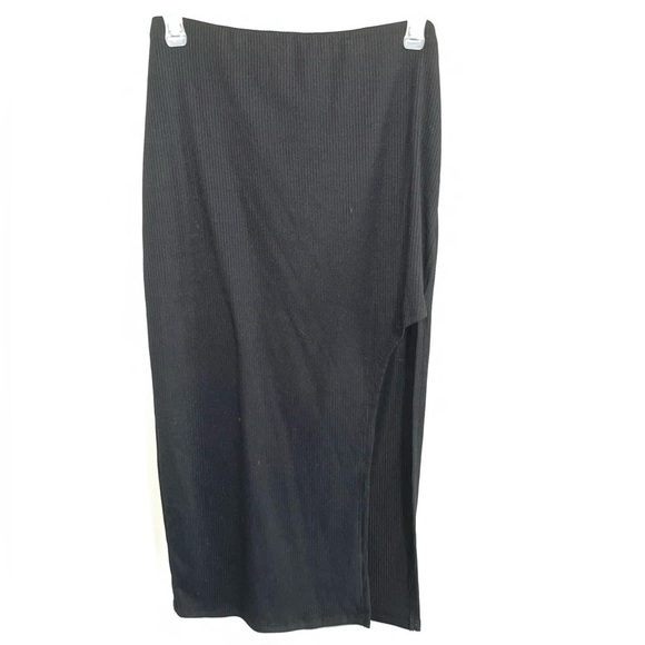 Ninexis Black Ribbed Knit Midi Skirt M High Slit Bodycon Stretch Edgy - Picture 2 of 7